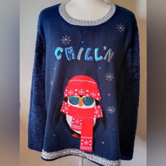 Holiday Time Sweaters - Holiday Time Navy Blue Penguin Print Chilln Sweater Women's Size XL